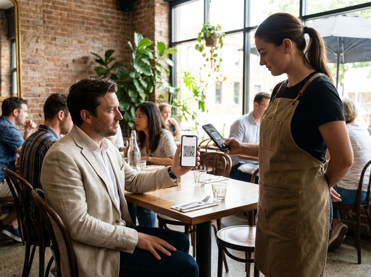 Mesero usando FoodFinder en tablet